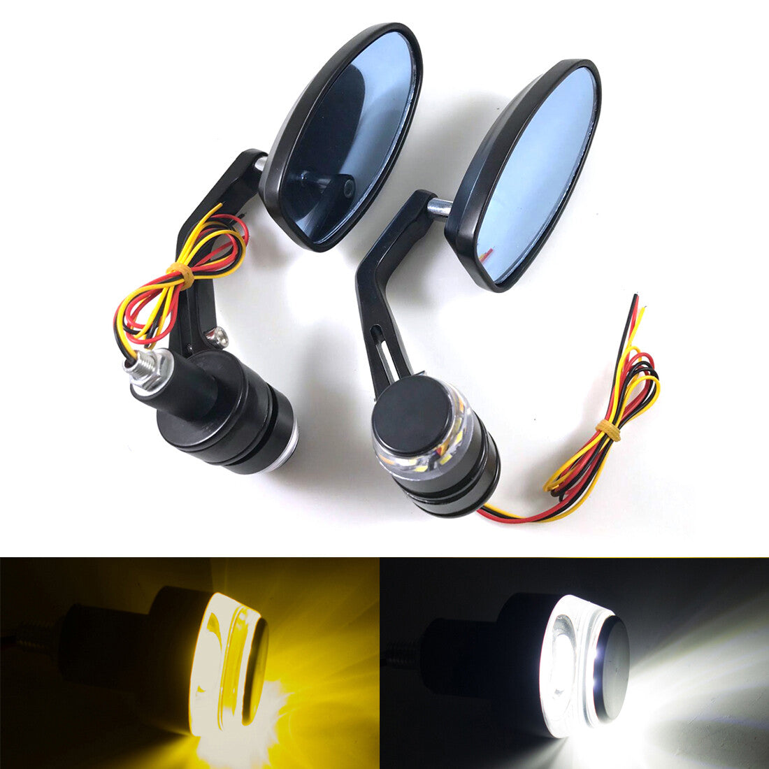 7/8" Black HandleBar End Rearview Side Mirror LED Turn Signal Side Markert Light