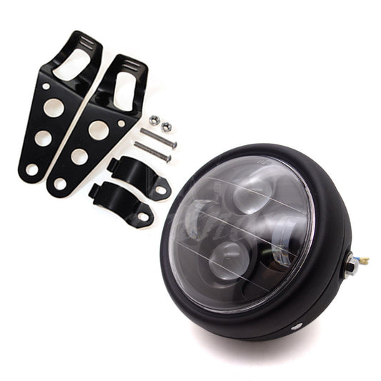 Motorcycle 6.5" Black Metal LED Headlight With Bracket Mount For Cafe Racer