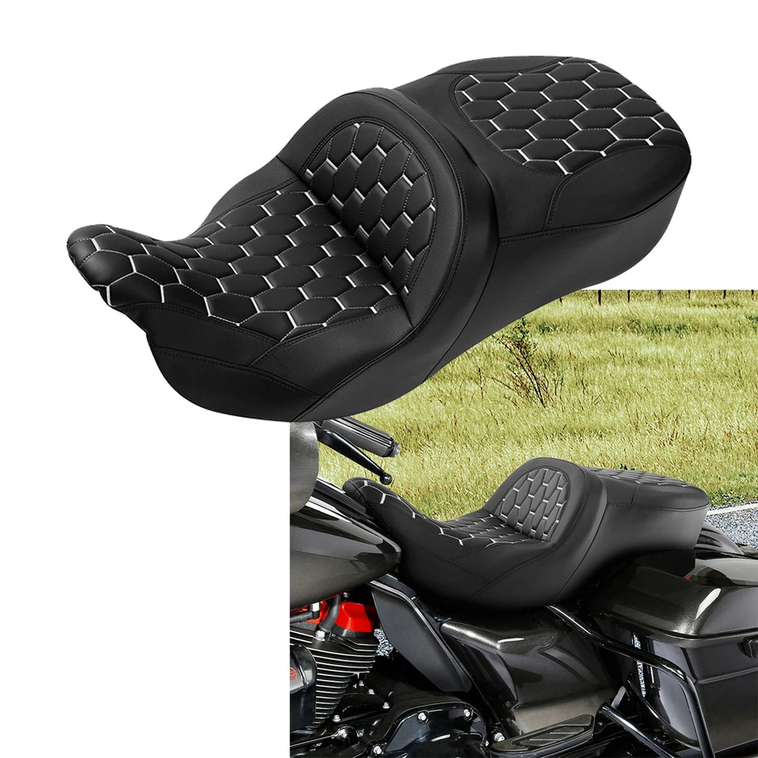 Driver & Passenger Seat Fit For Harley Touring Road Glide 09-23 Black w/ White
