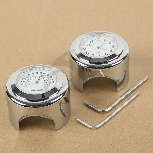 7/8" 1" Handlebar Dial Clock Temp Thermometer Fit For Harley Yamaha Suzuki Honda