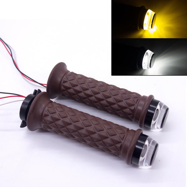 7/8" 22mm Brown Motorcycle Handlebar Hand Grip With LED Plug Strobe Side Light