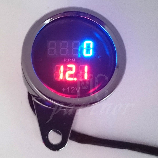 New Chrome Universal Motorcycle LED Digital Tachometer Voltmeter Gauge Combo