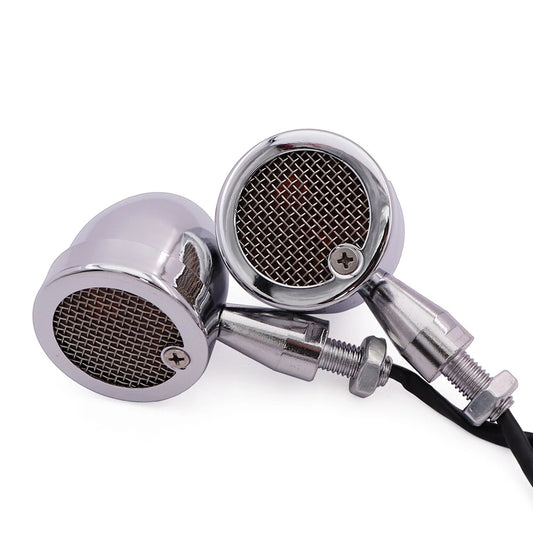 2X Chrome Motorcycle Retro Metal Bullet Grill Turn Signal Amber Indicator Light