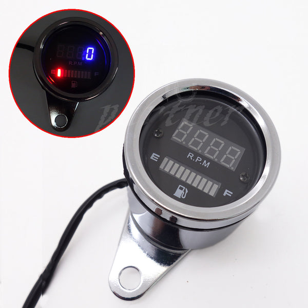 12V Chrome 2 in 1 LED Tachometer Gauge Fuel Oil Digital Motorcycle Gauge Combo