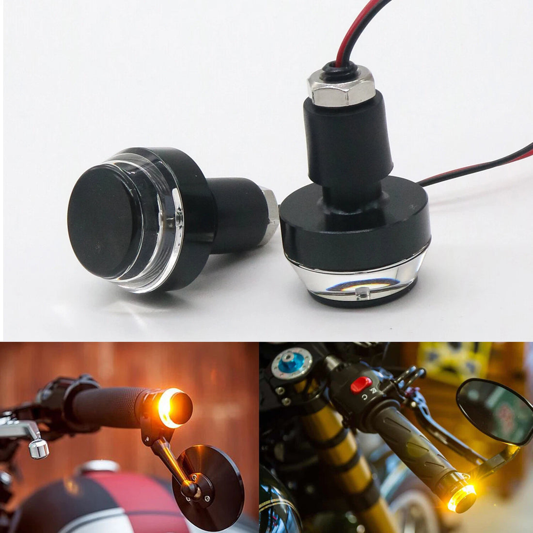 Black 22mm Handlebar Turn Signal Grip Bar End LED Plug Strobe Side Marker Light