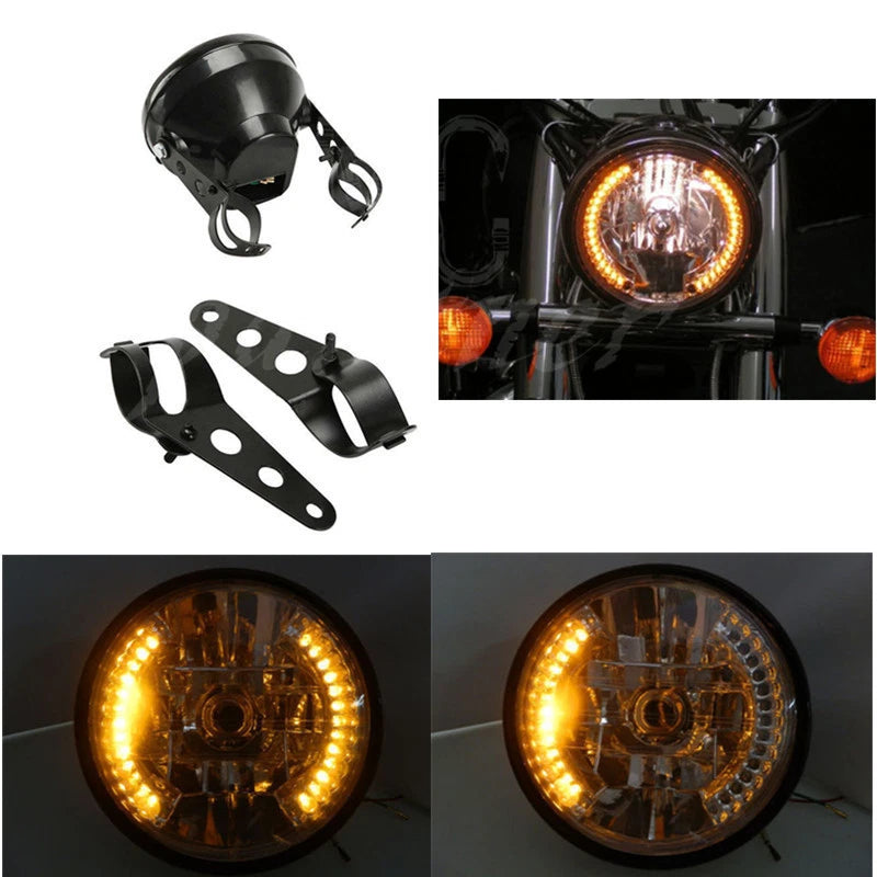 7" Motorcycle Headlight LED Turn Signal Light Black Bracket Mount 28mm-43mm