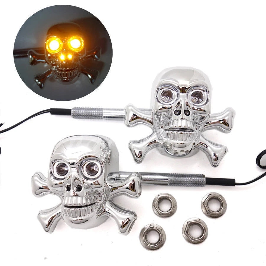 2X Chrome LED Skull Turn Signal Blinker Light For Harley Crusie Chopper Custom