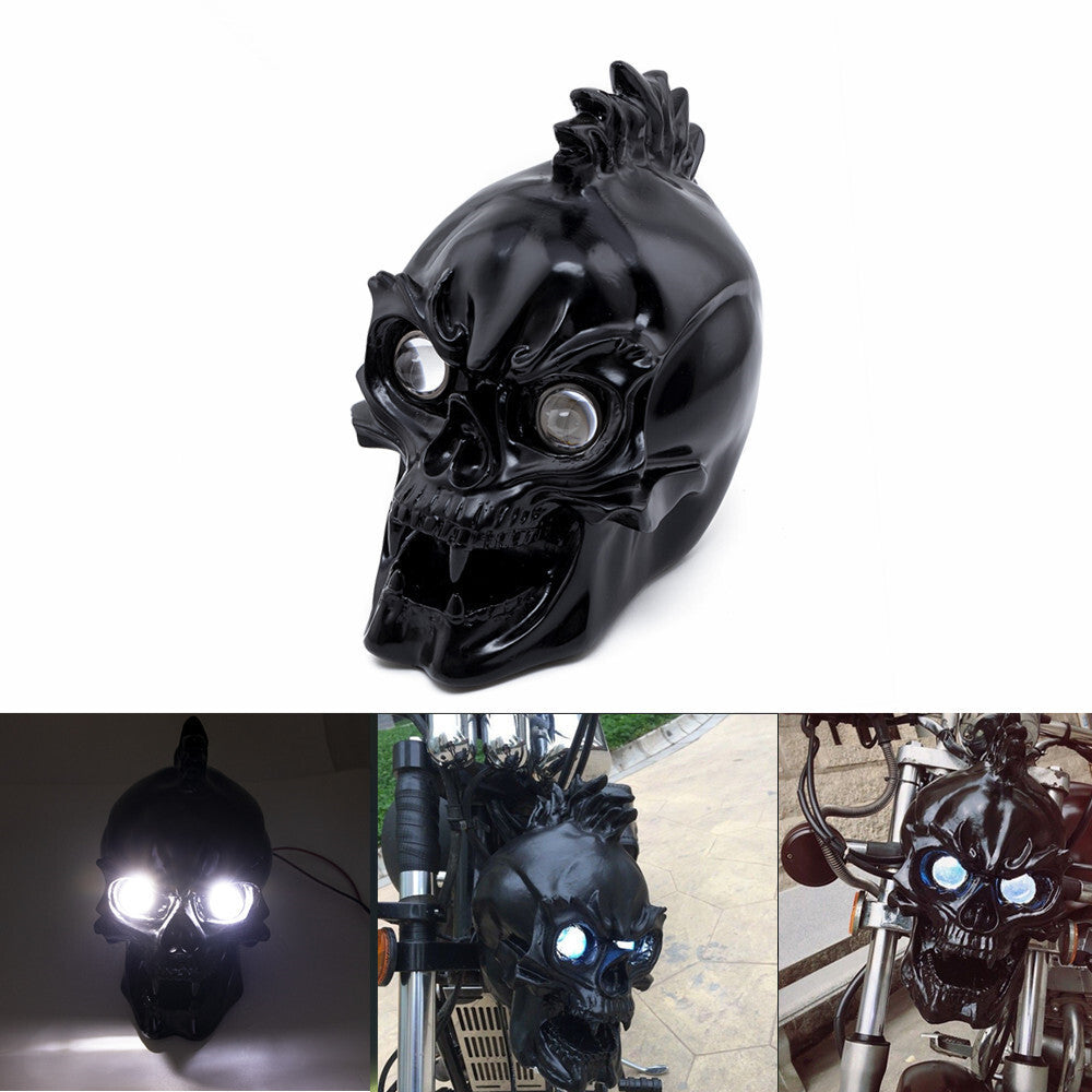 Motorcycle Black LED Skull Headlight Lamp For Harley Choppers Cruiser Custom