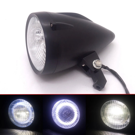 Black LED Bullet Headlight With White Angel Eyes Light For Harley Chopper Bobber