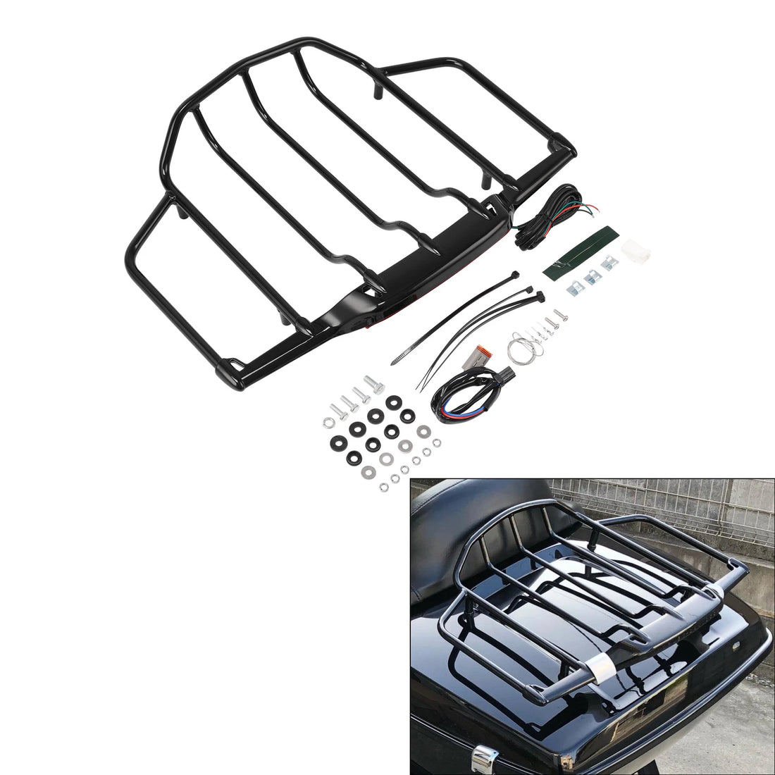 LED Light Trunk Luggage Rack Fit For Harley Tour Road Glide 93-13 Black Air Wing