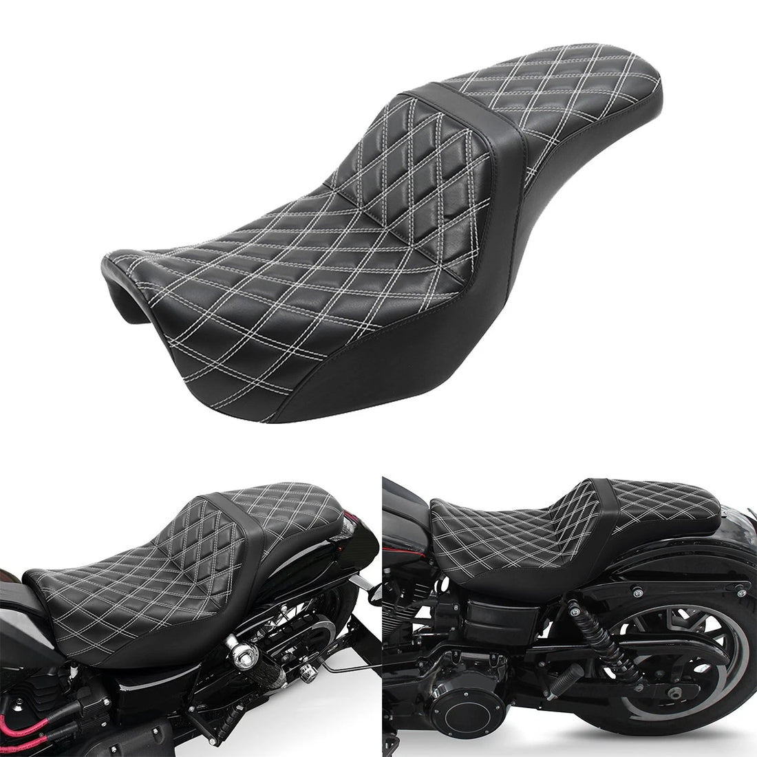 White Stitch Seat Driver & Passenger Fit For Harley Dyna Street Fat Bob 06-17