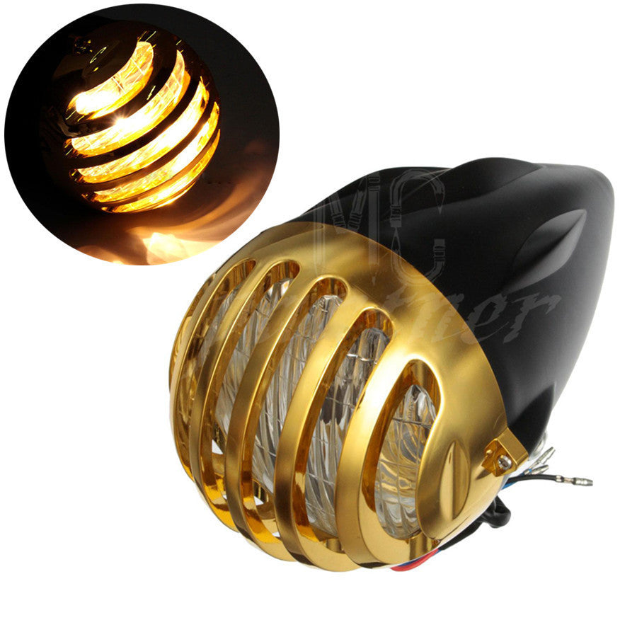 ABS Black Gold Fence Grill Cover H4 Halogen Bullet Headlight For Harley Custom