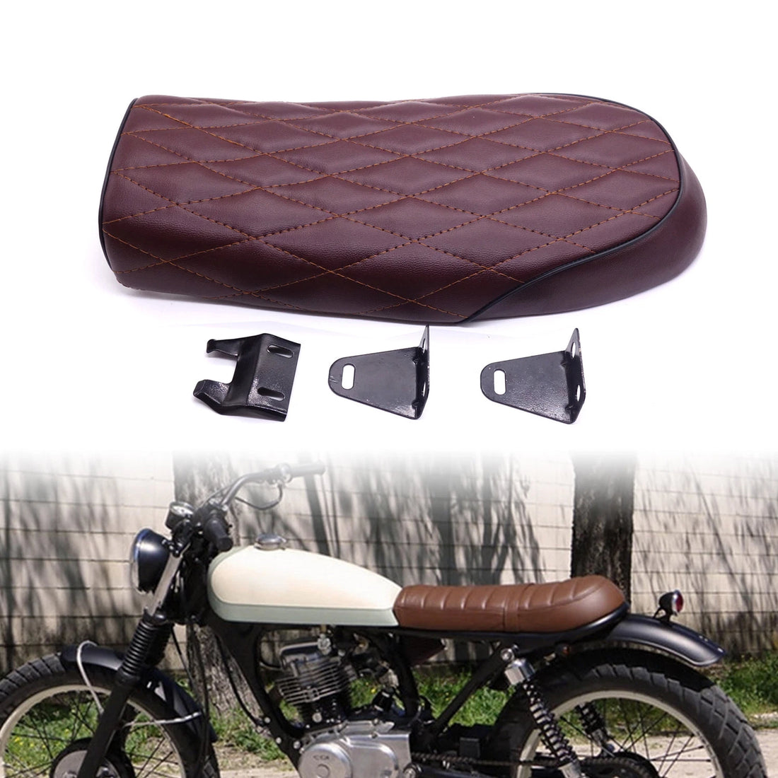 Brown Diamond Flat Brat Saddle Vintage Cafe Racer Seat For Honda CB200 CB350