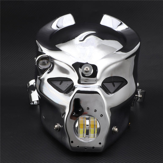 Chrome LED Skull Headlight With Mount Bracket For Harley Honda Yamaha Custom