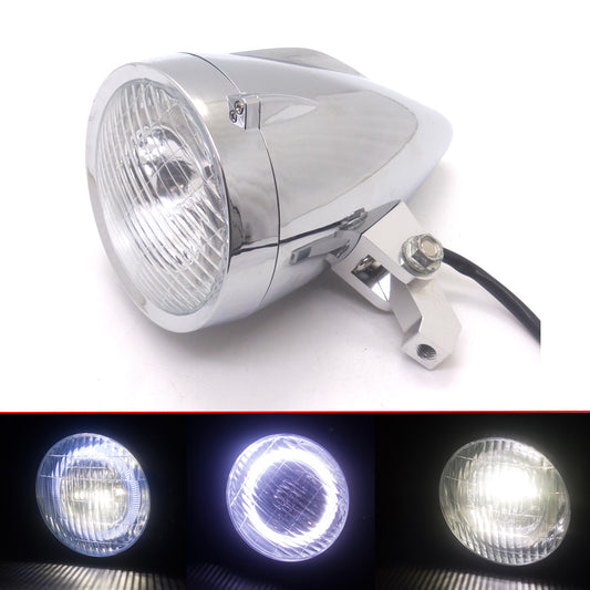 Chrome LED Bullet Headlight With White Angel Eye Light For Harley Chopper Bobber