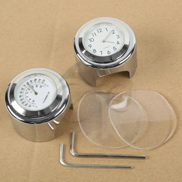 1" 7/8" Handlebar Chrome White Dial Clock Temp Thermometer Fit Honda CB Vtx VT