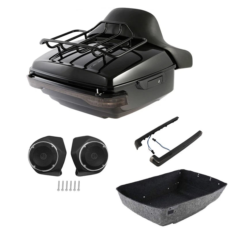 King Trunk Backrest Rack LED Light Speaker Fit For Harley Cvo Street Glide 14-26