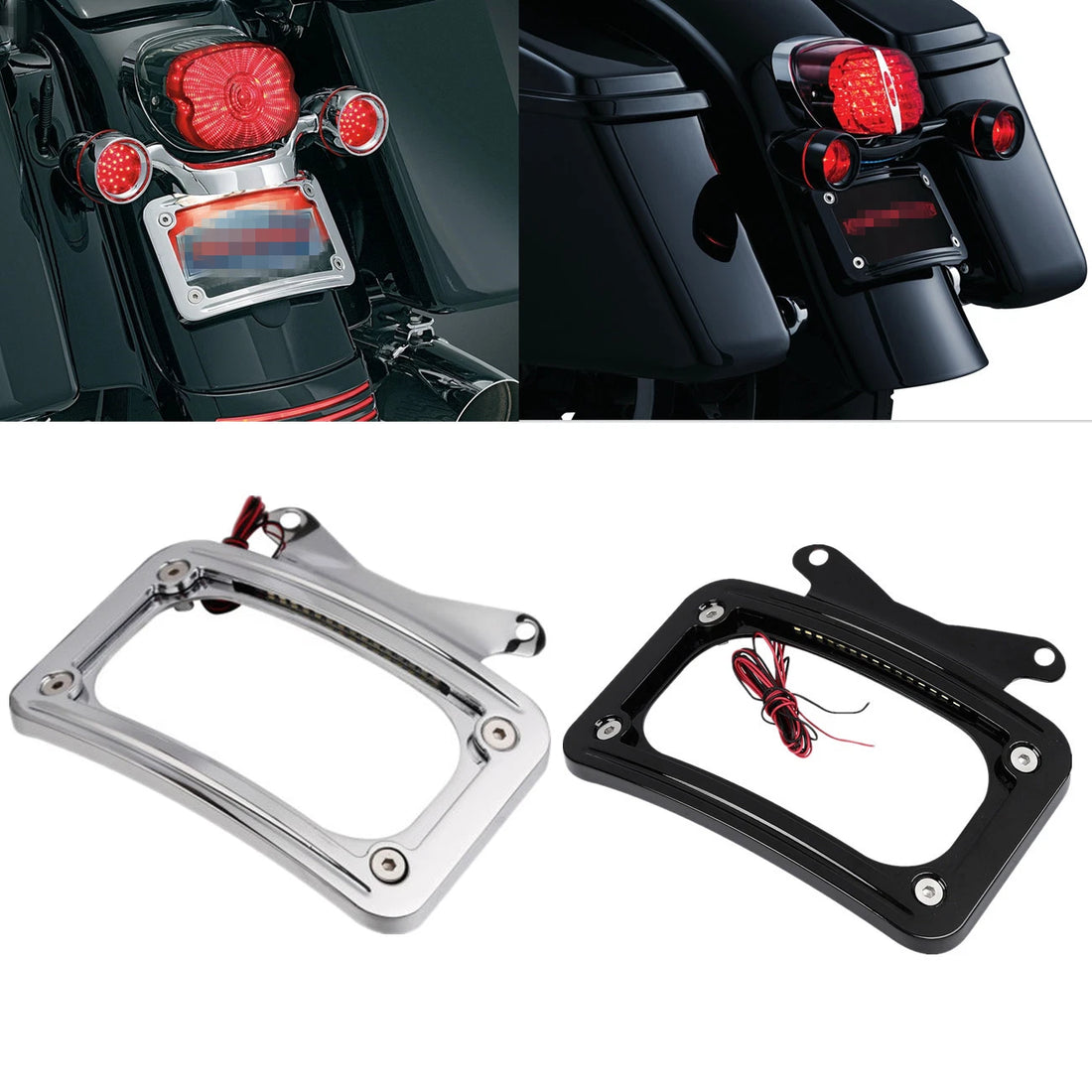 Black/Chrome Curved License Plate Frame LED Light Fit For Harley Street Glide