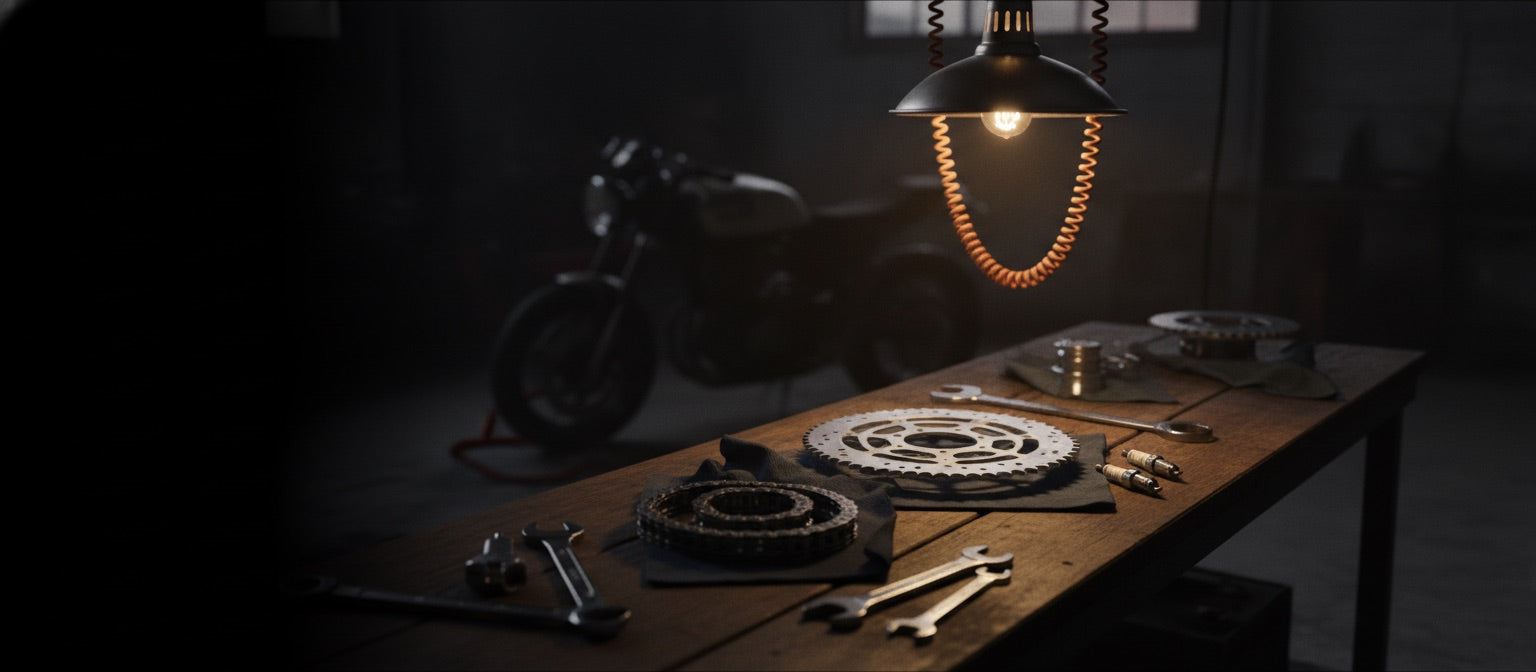 Motorcycle workshop bench with parts